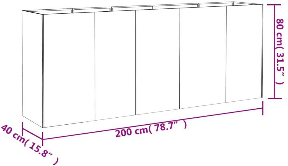 Aukštas sodo lovelis, 200x40x80cm, Corten plienas