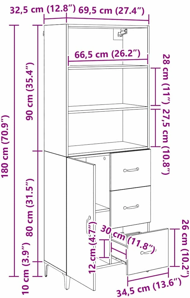 Aukštas spintelė Juodas ąžuolas 69,5 x 34 x 180 cm