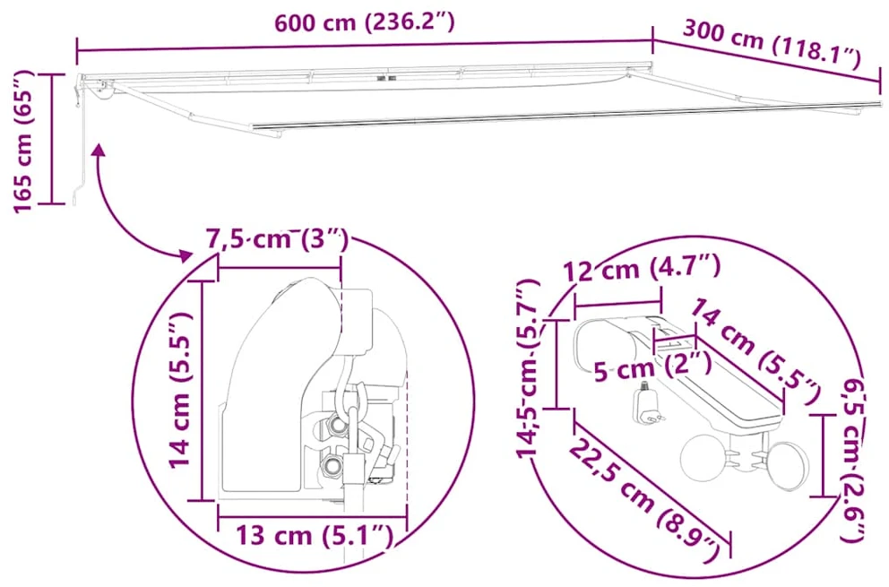 Automatinė ištraukiama markizė su LED, antracito ir baltos spalvos, 600x300 cm