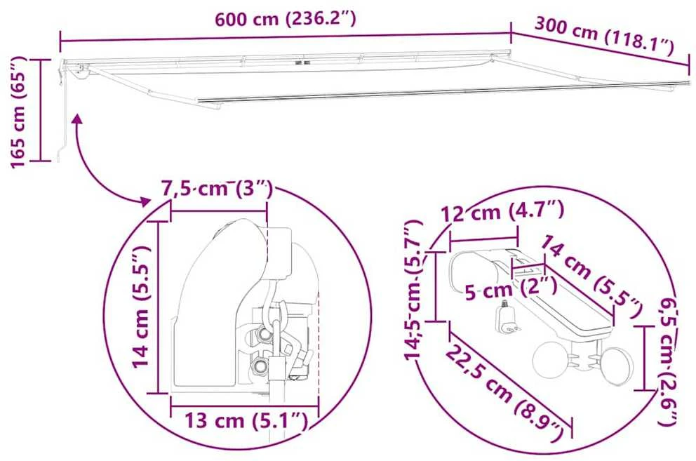 Automatinė ištraukiama markizė su LED, bordo spalvos, 600x300cm