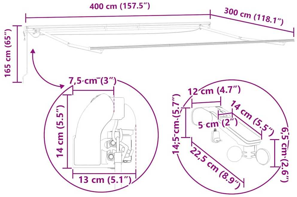Automatinė ištraukiama markizė su LED, bordo spalvos, 400x300cm