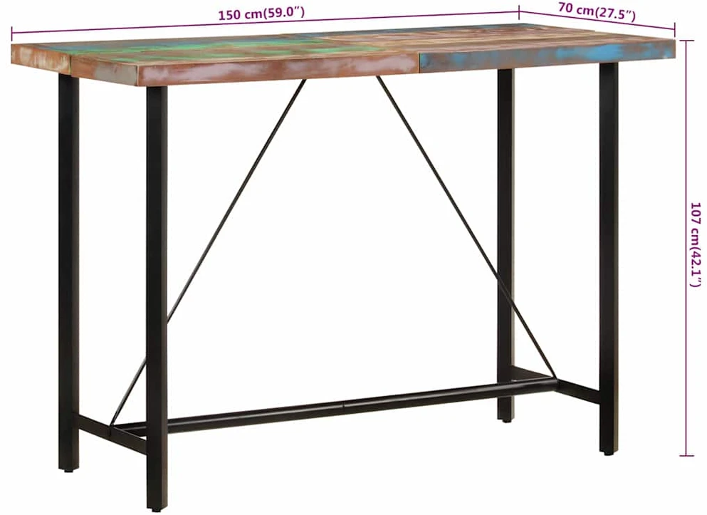 Baro stalas, 150x70x107cm, perdirbtos medienos masyvas/geležis