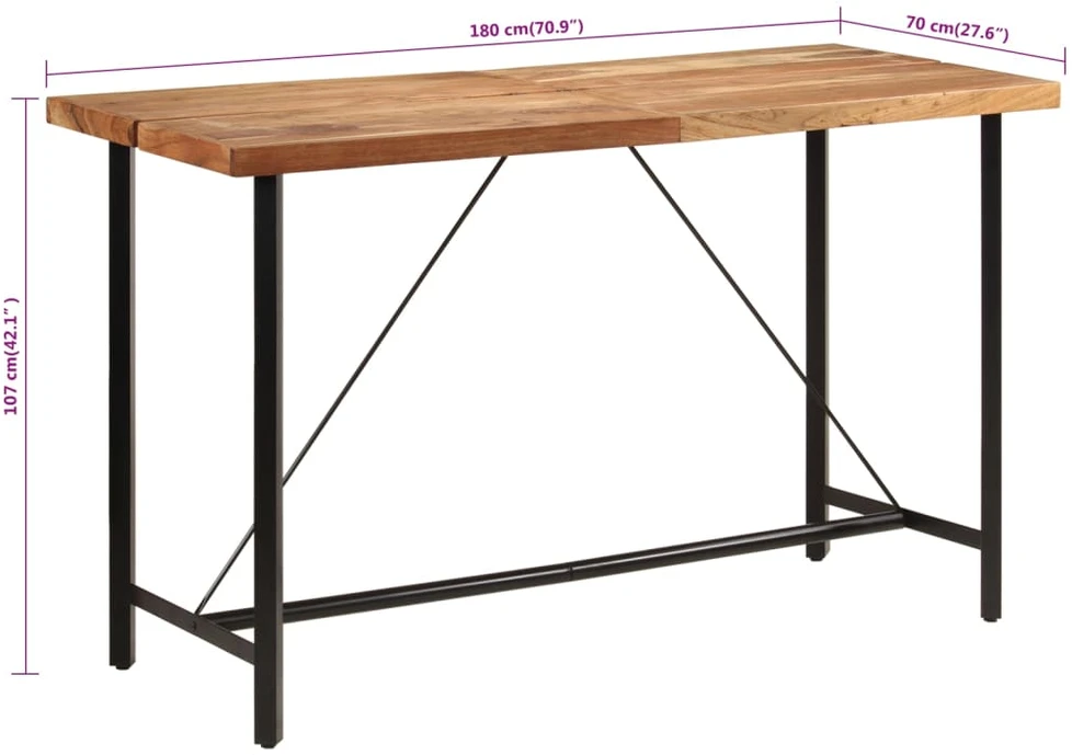 Baro stalas, 180x70x107cm, akacijos medienos masyvas ir geležis