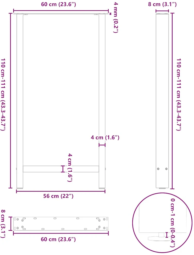 Kavos staliuko kojelės, antracito, 2 vnt., 60x(110-111)cm