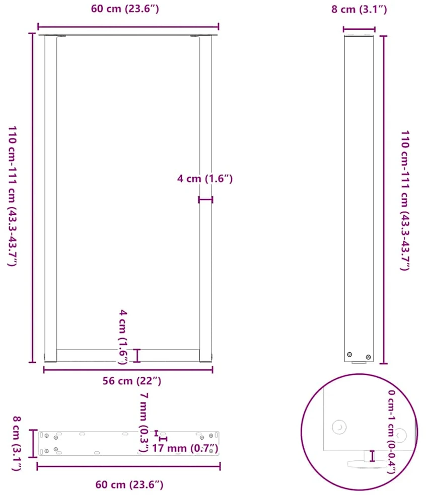 Kavos staliuko kojelės, U formos, 2 vnt., 60x(110-111) cm