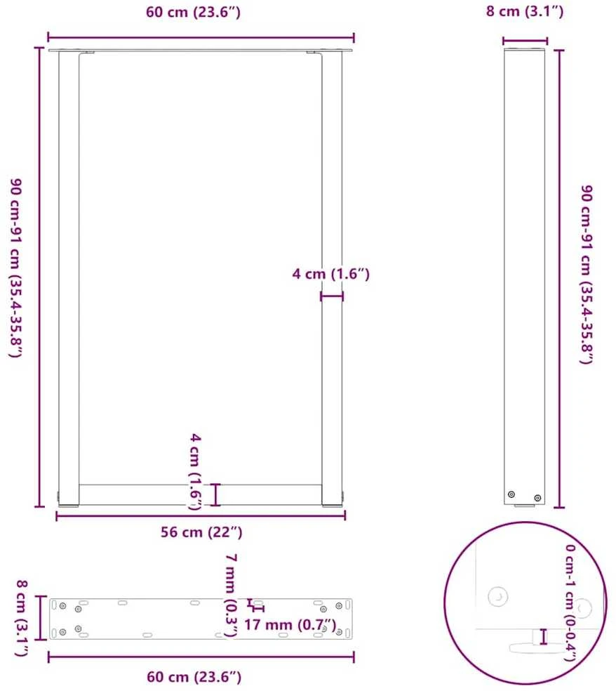 Baro stalo kojos, U formos, 2 vnt., antracito spalvos, 60x(90-91) cm, plienas