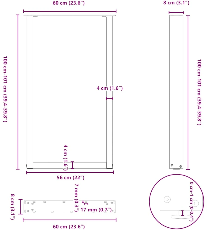 Kavos staliuko kojelės, U formos, 2 vnt., balta, 60x(100-101)cm