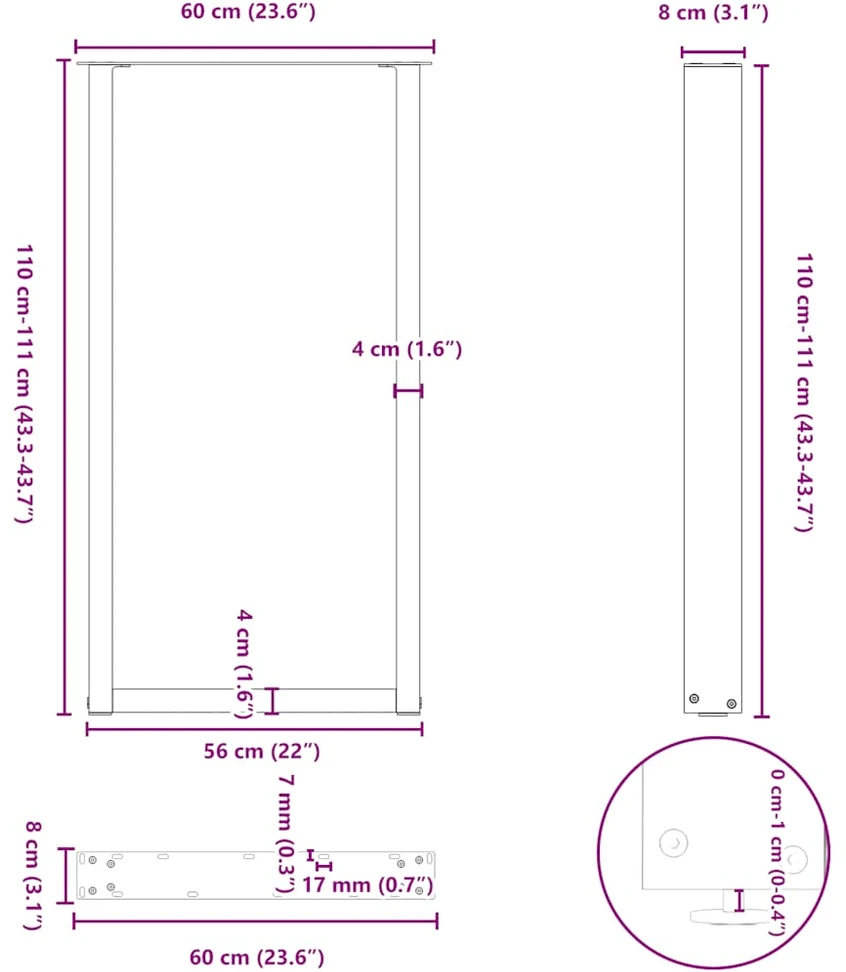 Kavos staliuko kojelės, U formos, 2 vnt., balta, 60x(110-111)cm