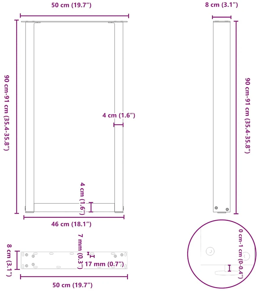 Kavos staliuko kojelės, U formos, 2 vnt., balta, 50x(90-91) cm