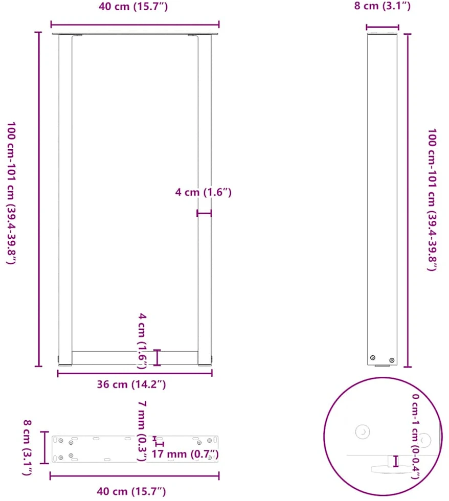 Kavos staliuko kojelės, U formos, 2 vnt., balta, 40x(100-101)cm