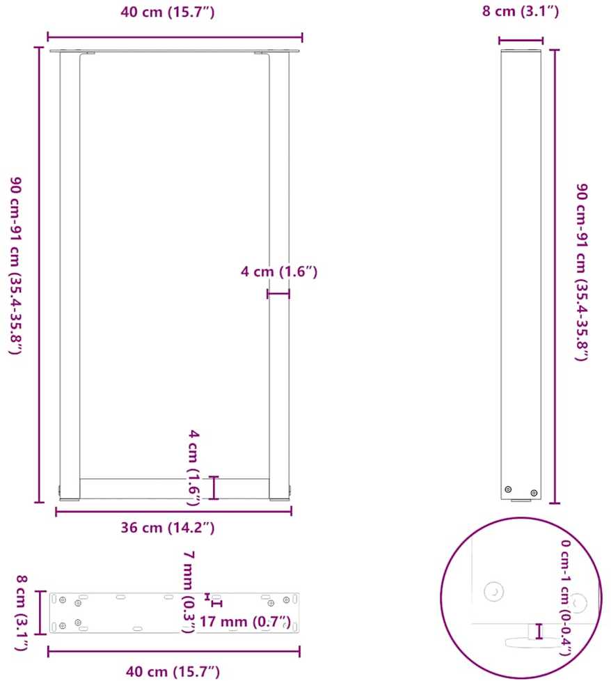 Kavos staliuko kojelės, U formos, 2 vnt., balta, 40x(90-91) cm