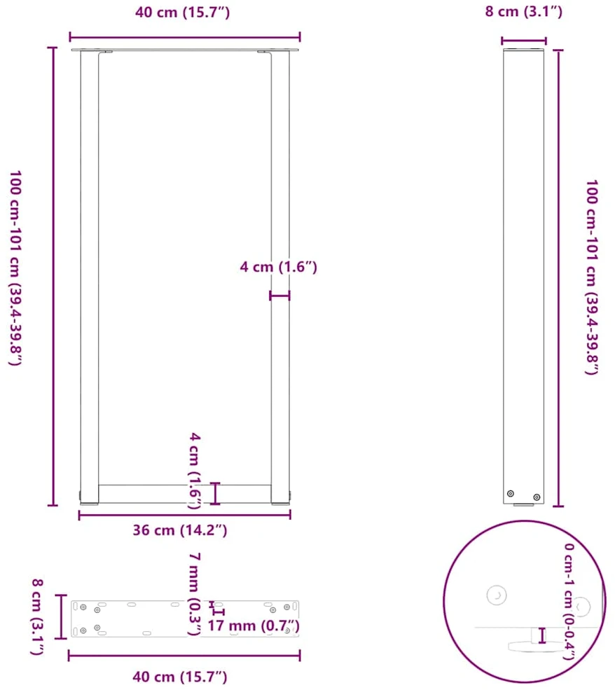 Kavos staliuko kojelės, U formos, 2 vnt., juoda, 40x(100-101)cm