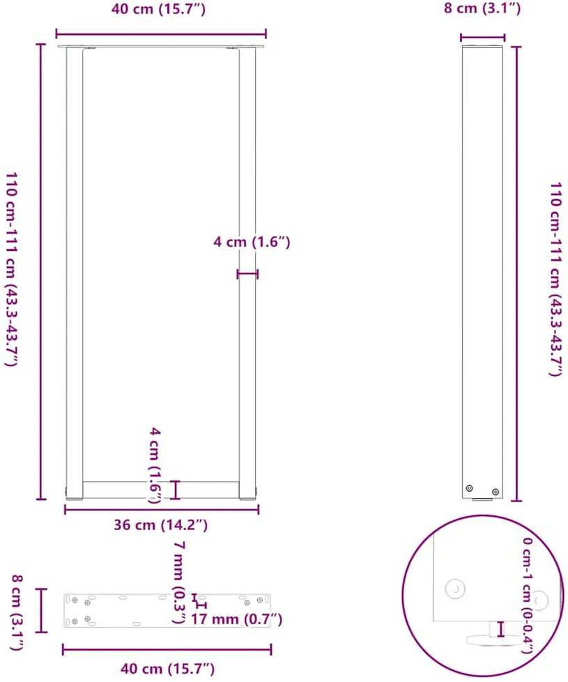 Kavos staliuko kojelės, U formos, 2 vnt., juoda, 40x(110-111)cm