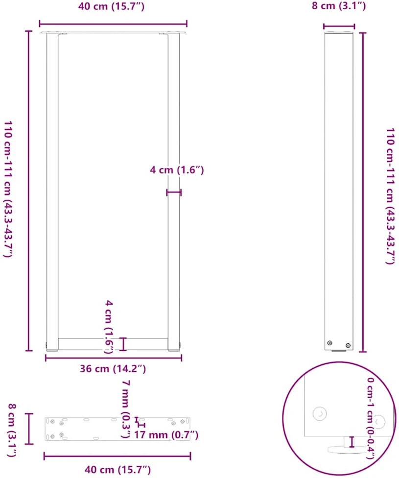 Kavos staliuko kojelės, U formos, 2 vnt., juoda, 40x(110-111)cm