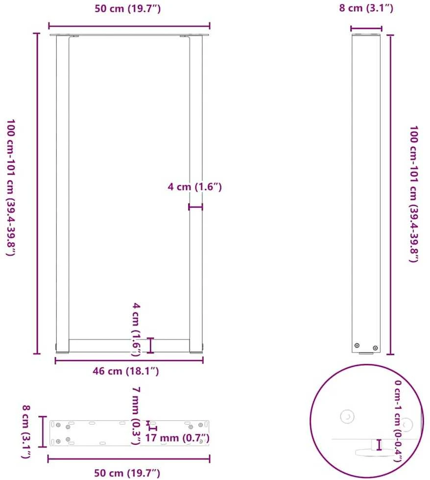 Kavos staliuko kojelės, U formos, 2 vnt., juoda, 50x(100-101)cm