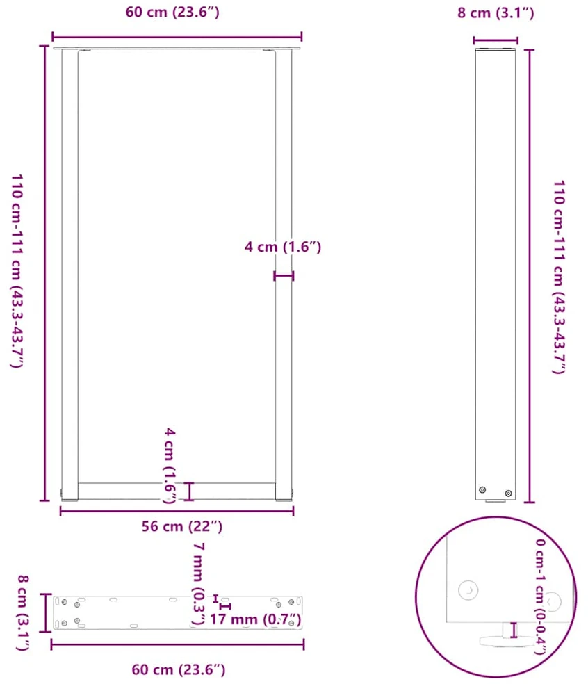 Kavos staliuko kojelės, U formos, 2 vnt., juoda, 60x(110-111)cm