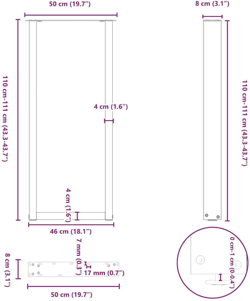 Kavos staliuko kojelės, U formos, 2 vnt., juoda, 50x(110-111)cm