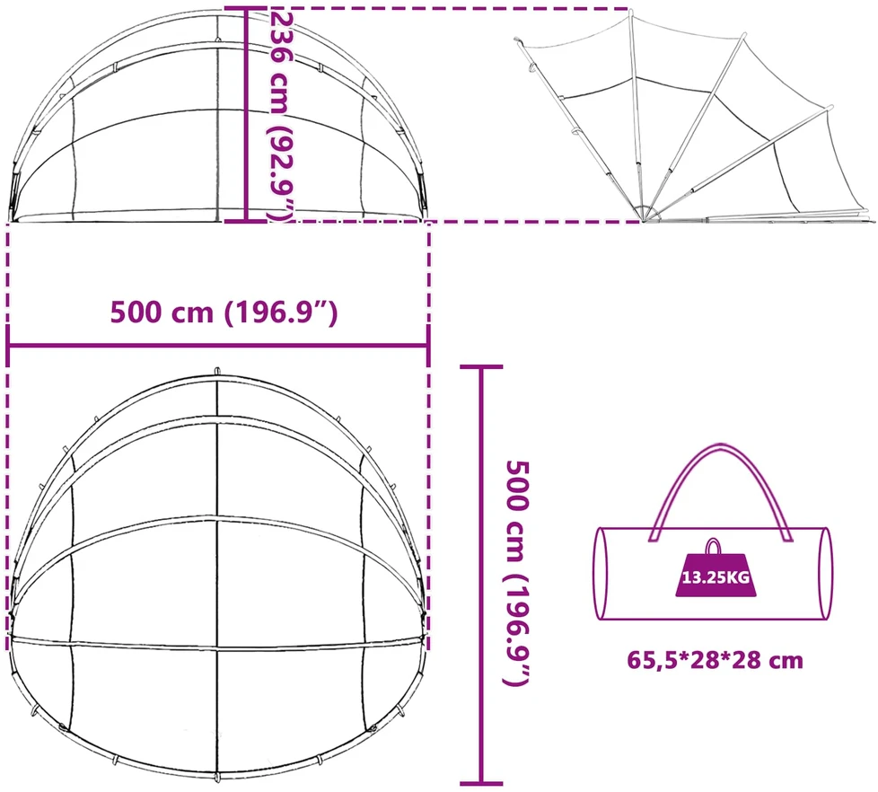 Baseino kupolas 500 x 500 x 236 cm 185T poliesteris su PU danga