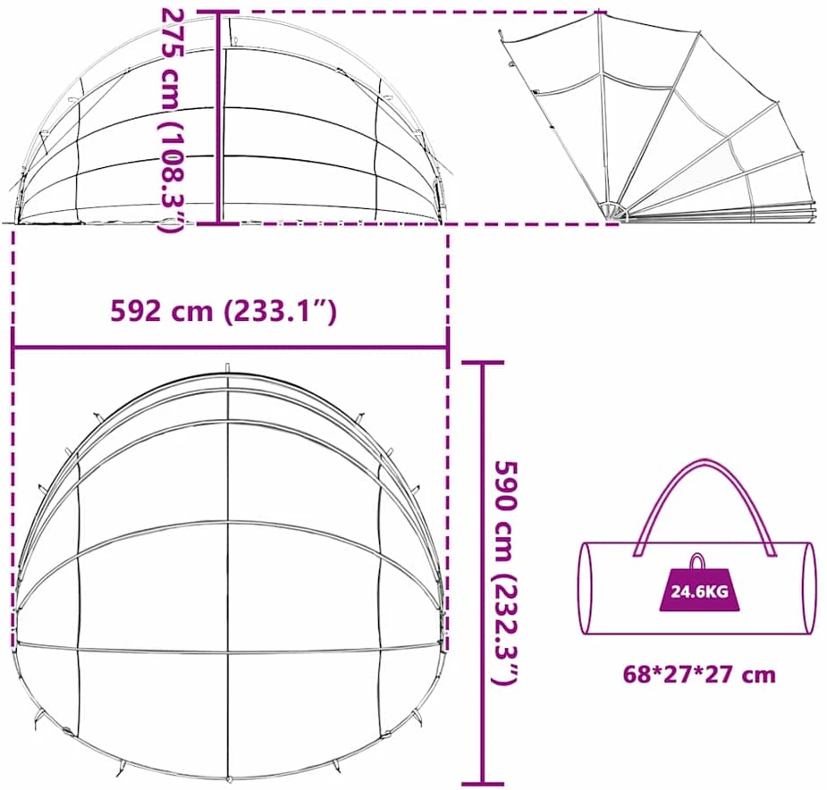 Baseino kupolas 592 x 590 x 275 cm 185T poliesteris su PU danga