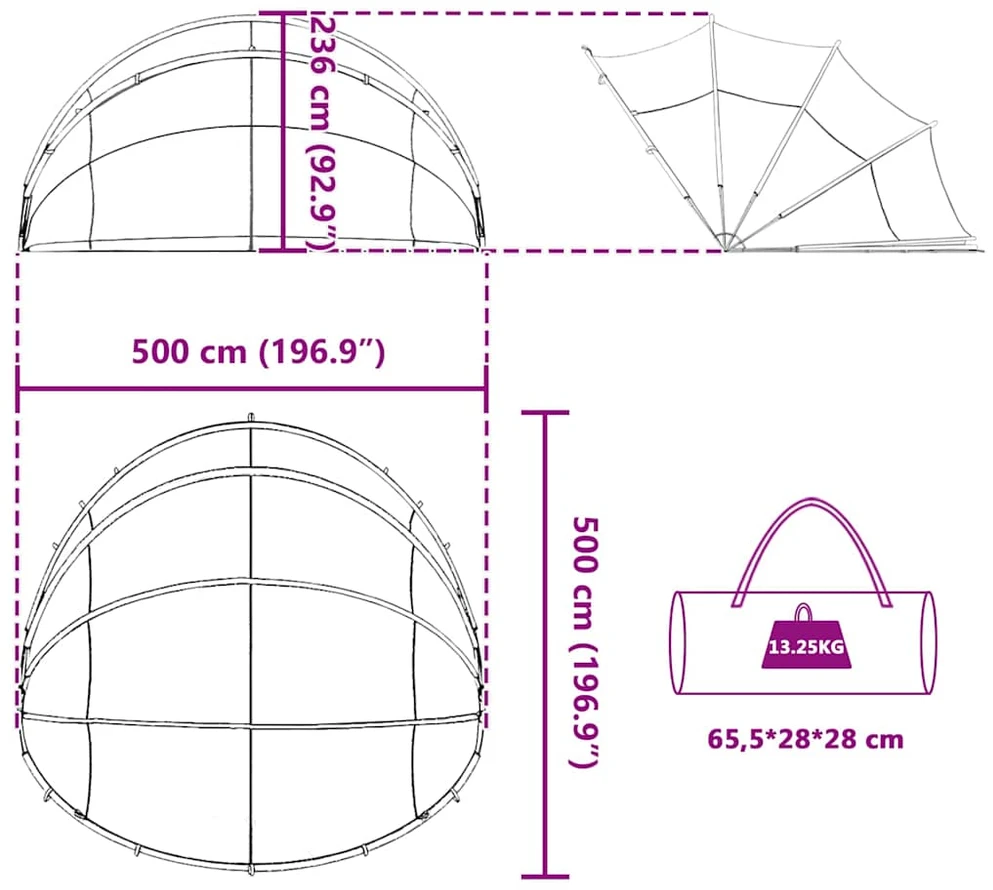 Baseino kupolas 500 x 500 x 236 cm 185T poliesteris su PU danga