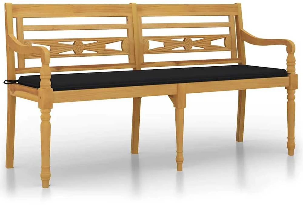 Batavia suoliukas su juoda pagalvėle, 150cm, tikmedžio mediena