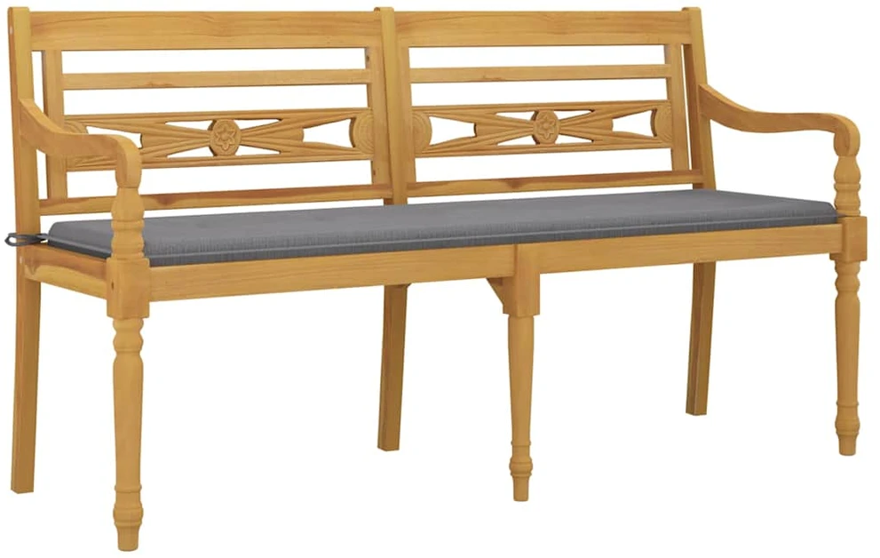 Batavia suoliukas su pilka pagalvėle, 150cm, tikmedžio mediena