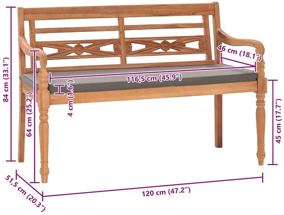 Batavia suoliukas su tamsiai pilka pagalve, 120cm, tikmedis
