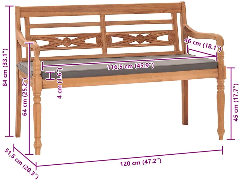 Batavia suoliukas su tamsiai pilka pagalve, 120cm, tikmedis