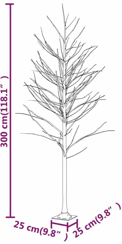 Beržas su 240 šiltų baltų LED lempučių, 300cm, baltas