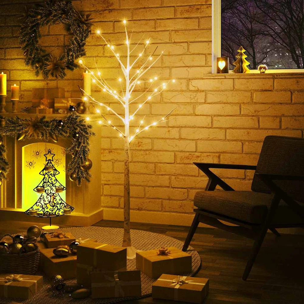 Beržas su 72 šiltomis baltomis LED lemputėmis, 150cm, baltas