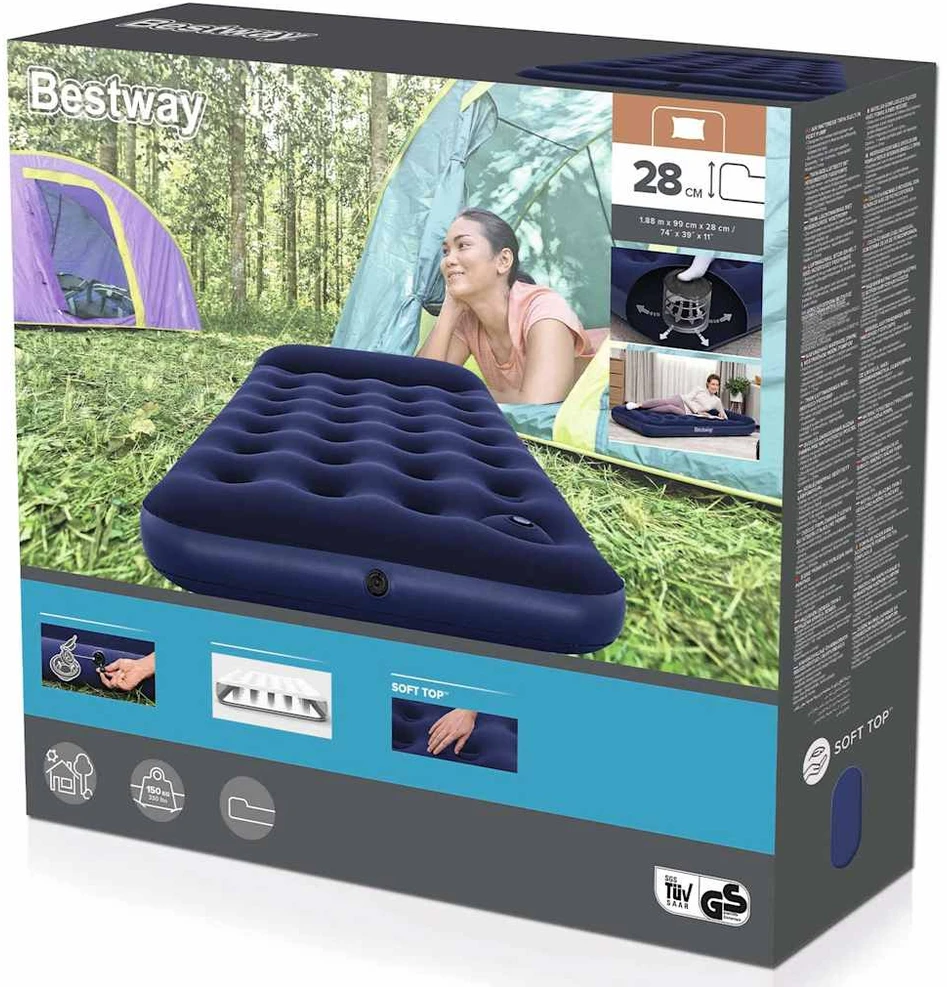 Bestway Pripučiamas vienvietis čiužinys su įmontuota kojine pompa ir pagalve 185x99x28cm 67224