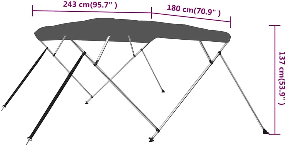 Bimini viršaus stogelis, antracito, 243x180x137cm, 4 lankai