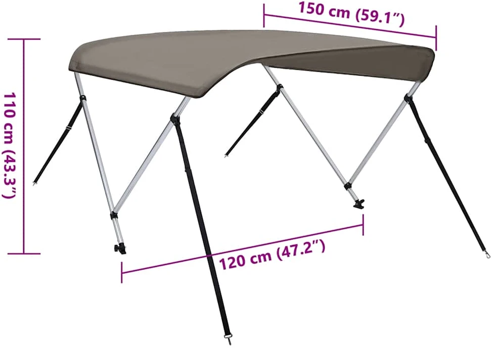 Bimini viršaus stogelis, pilkas, 150x120x110cm, 2 lankų rėmas