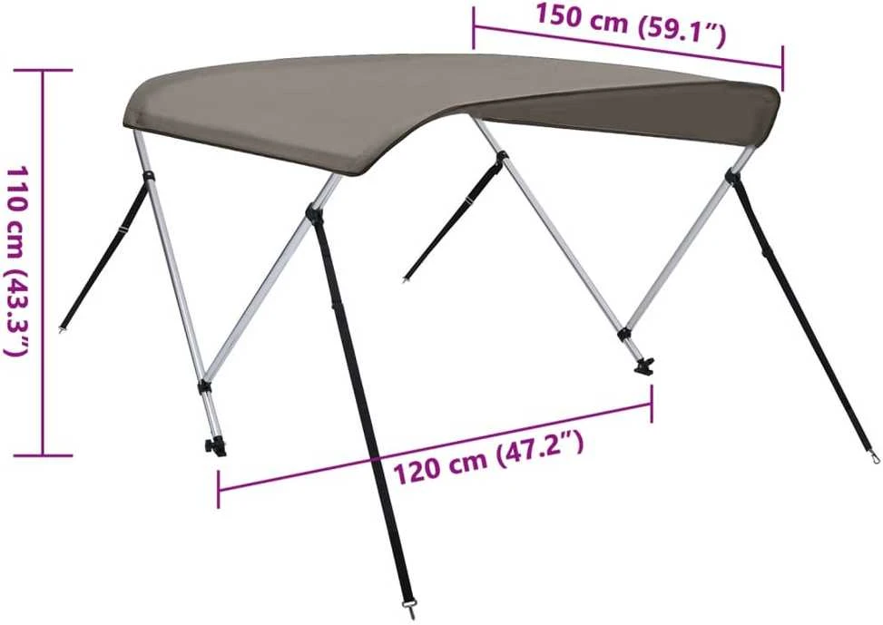 Bimini viršaus stogelis, pilkas, 150x120x110cm, 2 lankų rėmas