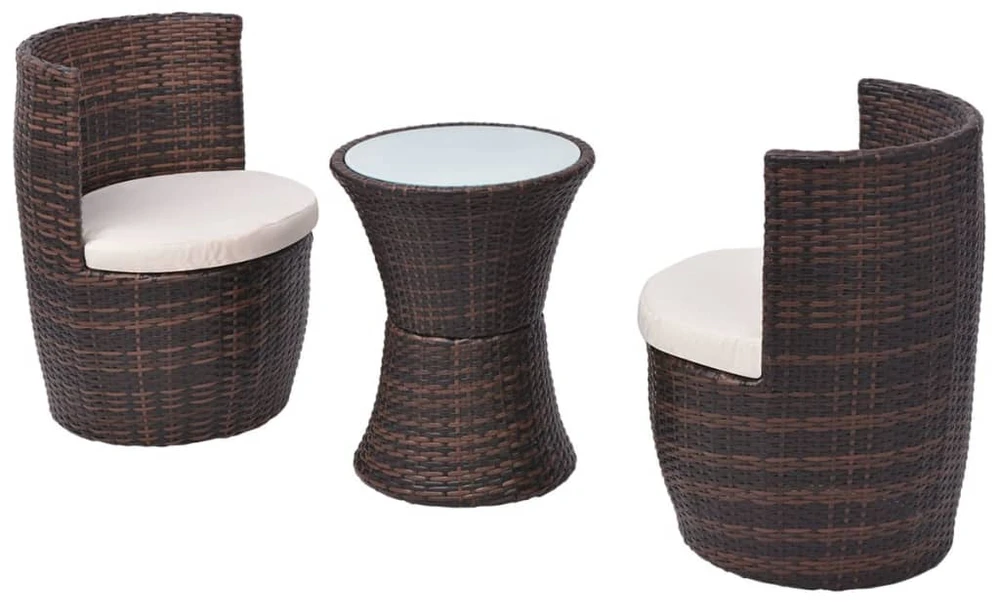 Lauko baldų komplektas Bistro baldų komplektas su pagalvėlėmis, 3d., poliratanas, rudas