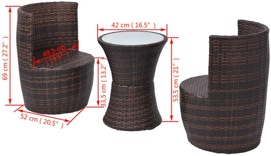 Lauko baldų komplektas Bistro baldų komplektas su pagalvėlėmis, 3d., poliratanas, rudas