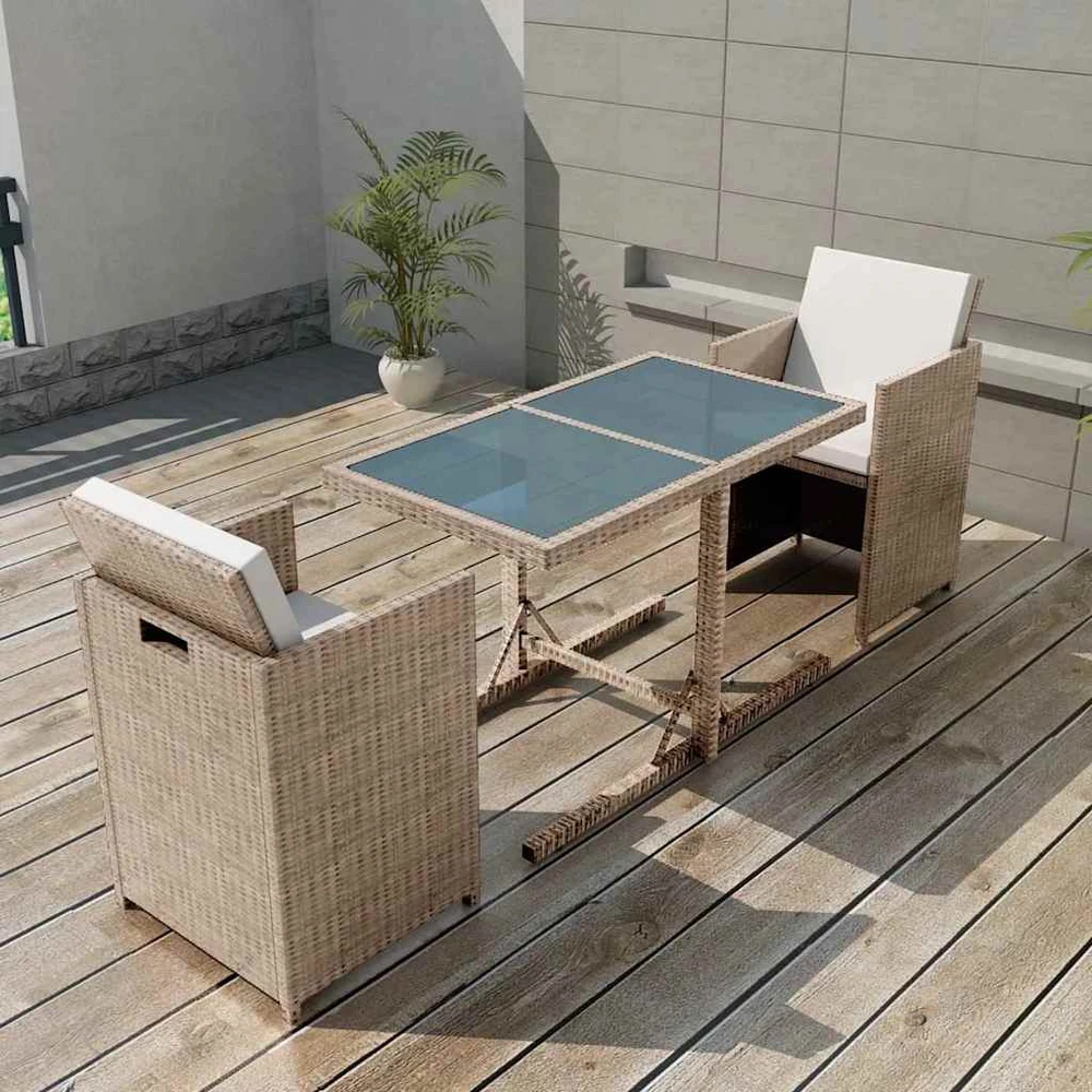 Lauko baldų komplektas Bistro baldų komplektas su pagalvėmis, 3d., krem., polirat.