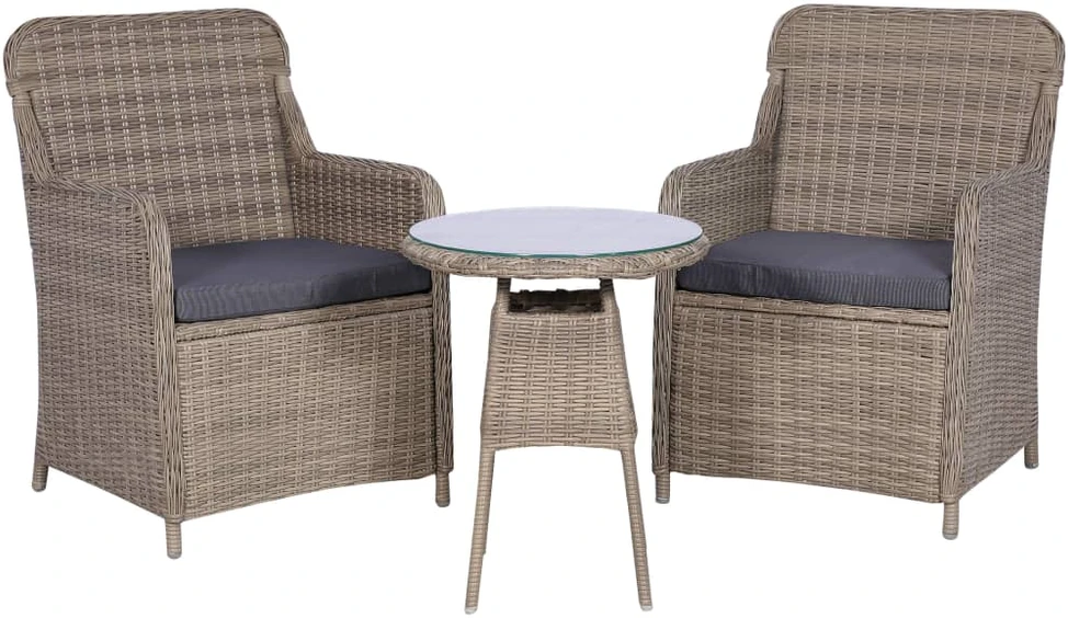 Lauko baldų komplektas Bistro baldų komplektas su pagalvėmis, 3d., rudas, polirat.