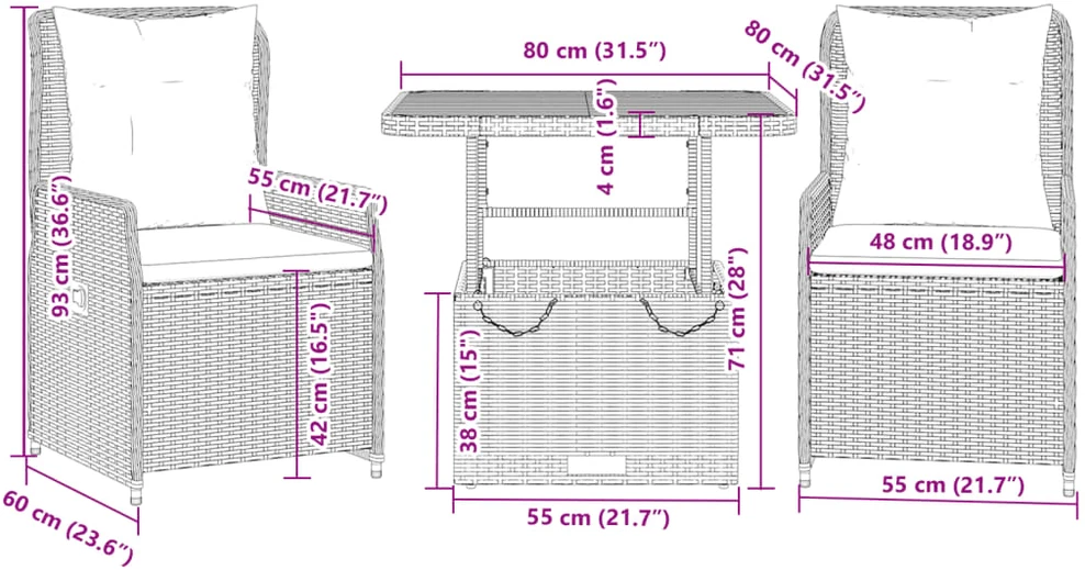 Lauko baldų komplektas Bistro komplektas su pagalvėlėmis, 3 dalių, juodas, poliratanas