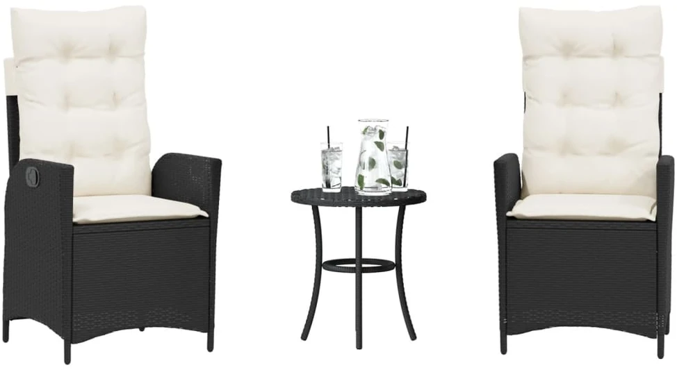 Bistro komplektas su pagalvėlėmis, 3 dalių, juodas, poliratanas