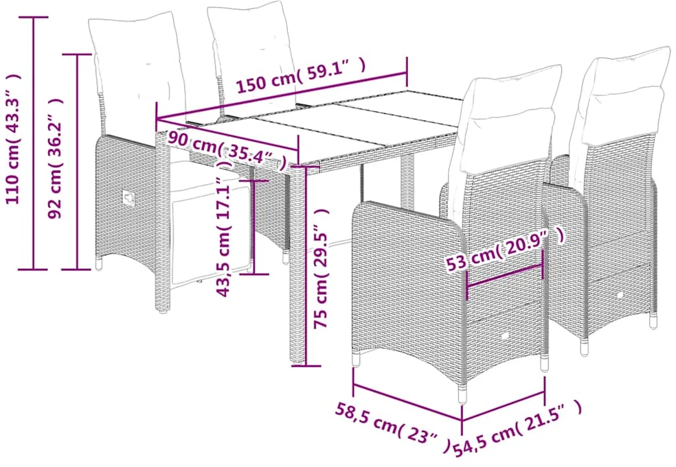Bistro komplektas su pagalvėlėmis, 5 dalių, pilkas, poliratanas
