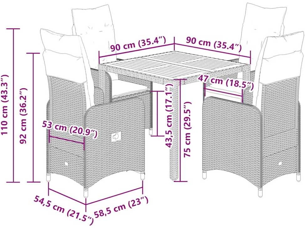 Lauko baldų komplektas Bistro komplektas su pagalvėlėmis, 5 dalių, pilkas, poliratanas