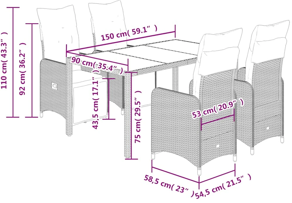 Bistro komplektas su pagalvėlėmis, 5 dalių, rudas, poliratanas