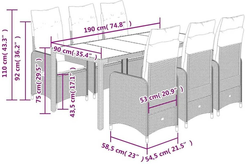 Bistro komplektas su pagalvėlėmis, 7 dalių, rudas, poliratanas