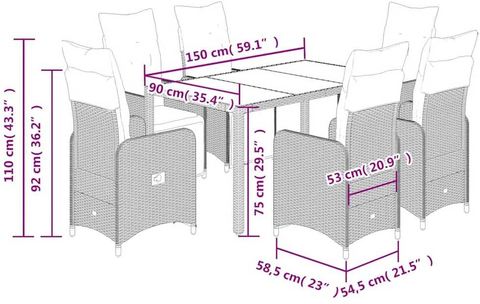 Bistro komplektas su pagalvėlėmis, 7 dalių, rudas, poliratanas