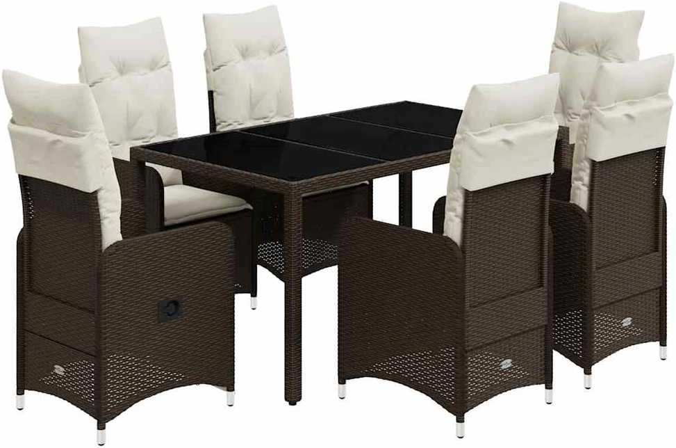 Lauko baldų komplektas Bistro komplektas su pagalvėlėmis, 7 dalių, rudas, poliratanas