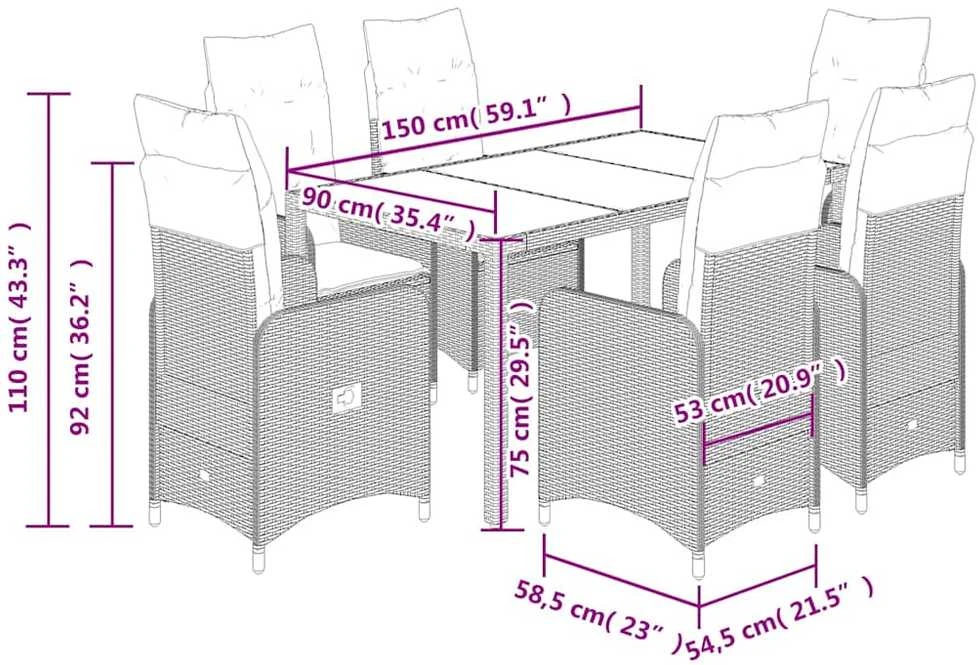 Bistro komplektas su pagalvėlėmis, 7 dalių, pilkas, poliratanas