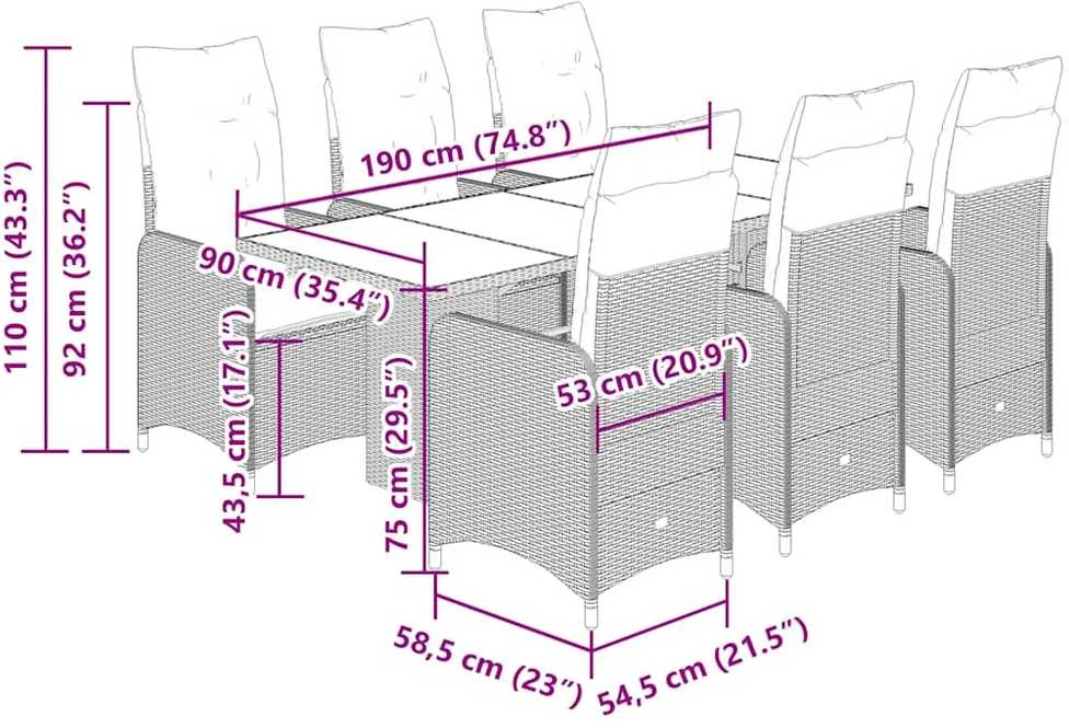 Bistro komplektas su pagalvėlėmis, 7 dalių, pilkas, poliratanas