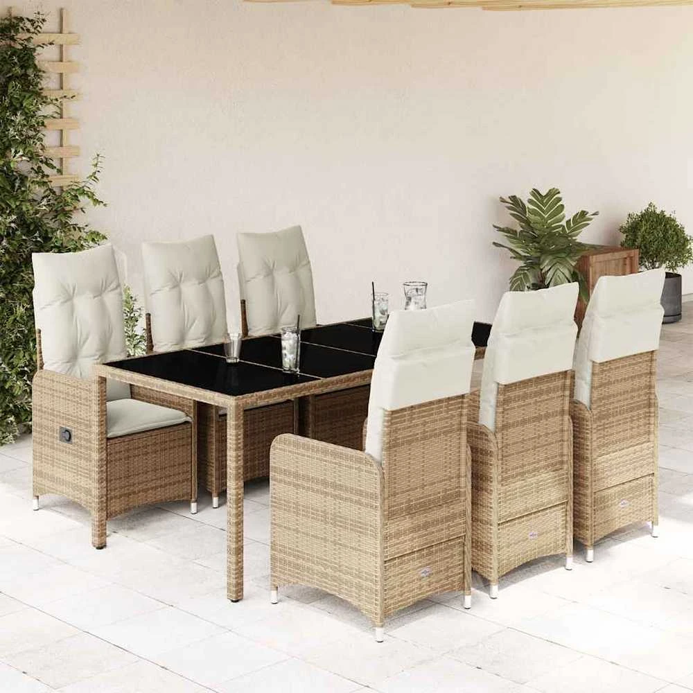 Bistro komplektas su pagalvėlėmis, 7 dalių, smėlio, poliratanas