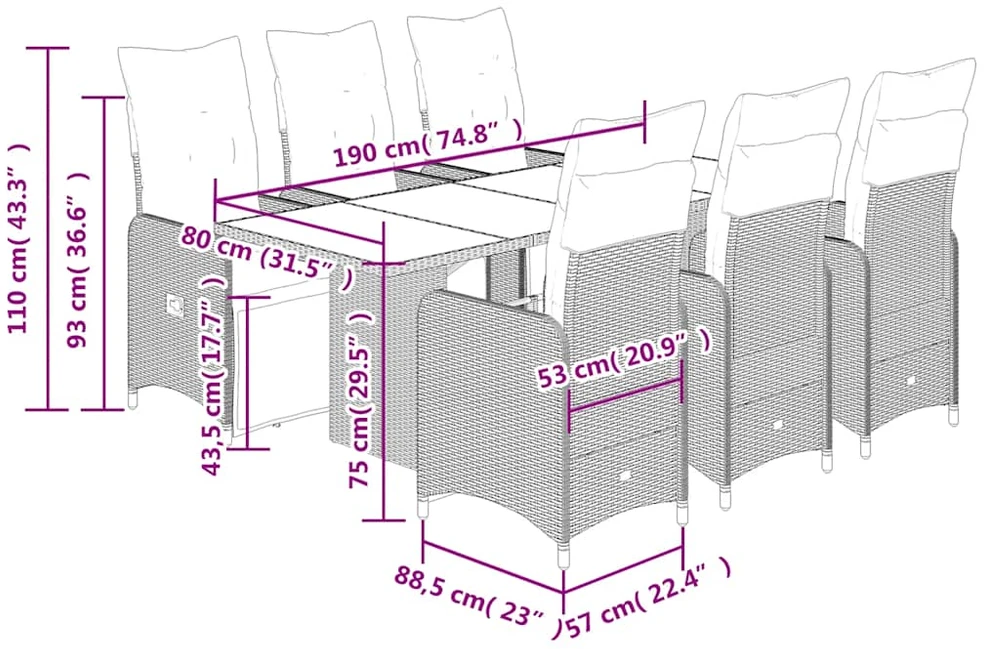 Bistro komplektas su pagalvėlėmis, 7 dalių, rudas, poliratanas